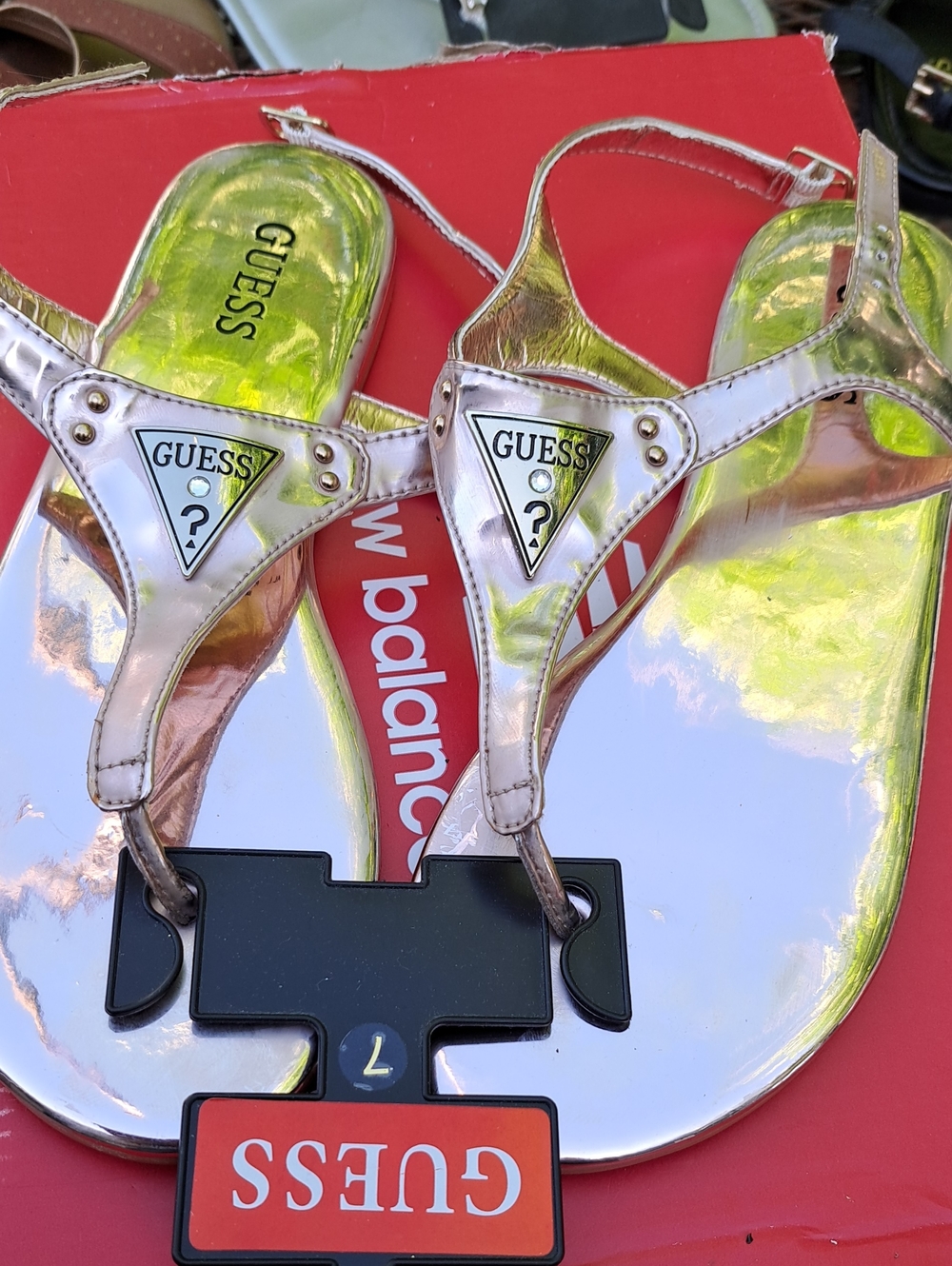 GUESS Metallic Gold Mirror Thong Sandals with Logo Accents